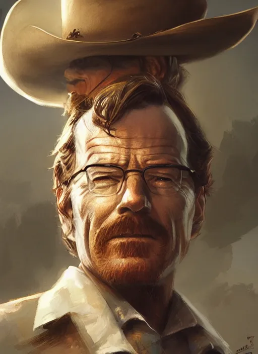 Prompt: bryan cranston as a cowboy, elegant, digital painting, concept art, smooth, sharp focus, illustration, from red read redemption by ruan jia and mandy jurgens and artgerm and william - adolphe bouguerea