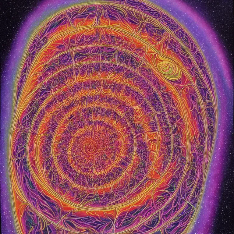 Image similar to psychedelic fractal soul on fire deep space galaxy fibonacci lateralus within award winning painting by alex grey symmetrical