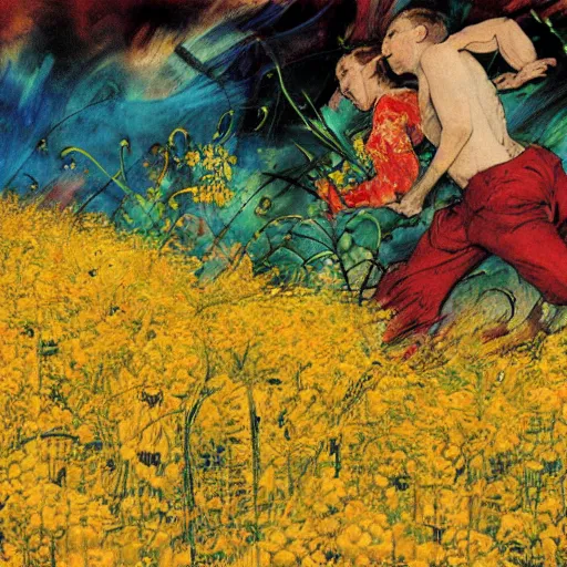 Image similar to 2 people in red desert drowning in a sea of yellow flowers, surrounded by swirls of prickly flowers rage , highly detailed, intricate, surreal, painting by Franz Marc, part by Yoji Shinkawa, part by Norman Rockwell