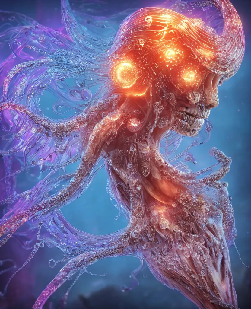 Image similar to close-up macro portrait of the face of a beautiful princess, epic angle and pose, symmetrical artwork, 3d with depth of field, blurred background, cybernetic jellyfish female face skull phoenix bird, translucent, nautilus, energy flows of water and fire. a highly detailed epic cinematic concept art CG render. made in Maya, Blender and Photoshop, octane render, excellent composition, cinematic dystopian brutalist atmosphere, dynamic dramatic cinematic lighting, aesthetic, very inspirational, arthouse. y Greg Rutkowski, Ilya Kuvshinov, WLOP, Stanley Artgerm Lau, Ruan Jia and Fenghua Zhong