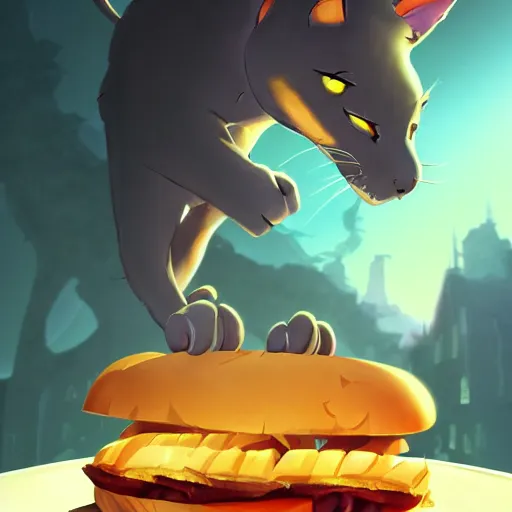 Image similar to a terrified cat running away from the giant carnivorous sandwich, artstation hq, dark phantasy, stylized, symmetry, modeled lighting, detailed, expressive, created by hayao miyazaki