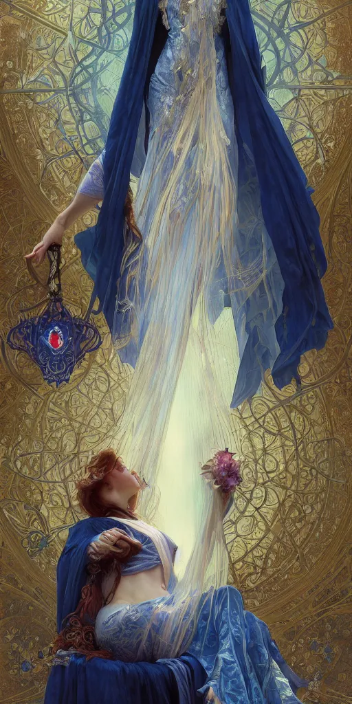 Image similar to Beautiful female wizard with blue rose velvet robes on a swing, wearing an intricate arcane makeup, searching for her soul, burning desire, epic cinematic, drama, action, digital art, art by Alphonse Mucha, Greg Rutkowski, Alex Ross, WLOP