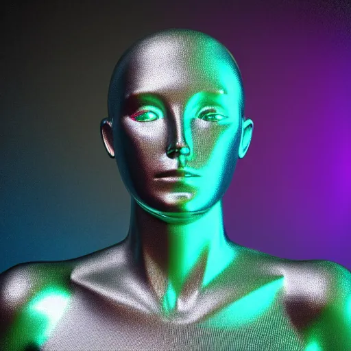 Image similar to 3d render of holographic human robotic head made of glossy iridescent, surrealistic 3d illustration of a human face non-binary, non binary model, 3d model human, cryengine, made of holographic texture, holographic material, holographic rainbow, concept of cyborg and artificial intelligence