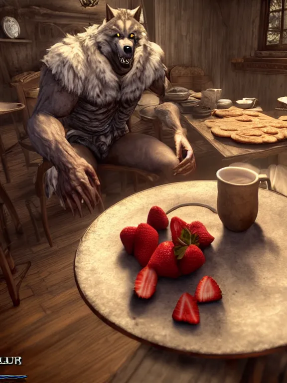 Image similar to cute!!! handsome cuddly burly surly relaxed calm timid werewolf from van helsing sitting down at the breakfast table in the kitchen of a normal country home cooking having fun lighthearted whimsy baking strawberry tart cakes unreal engine hyperreallistic render 8k character concept art masterpiece screenshot from the video game the Elder Scrolls V: Skyrim