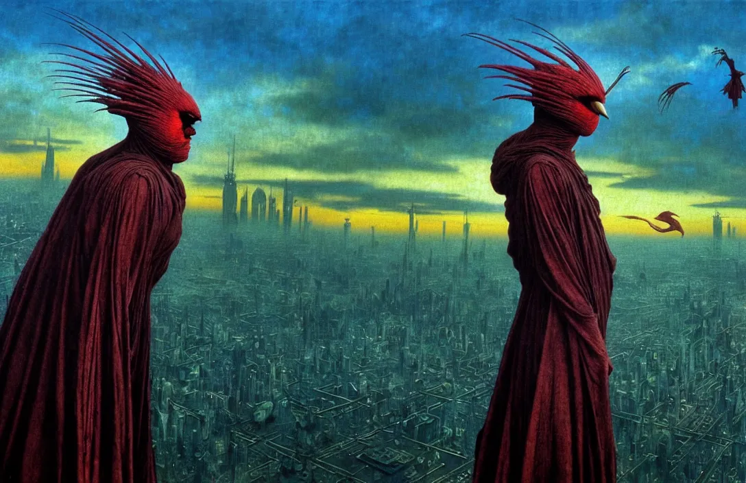 Prompt: realistic detailed portrait movie shot of a birdman wearing dark ragged robes, futuristic city sunset landscape background by denis villeneuve, amano, yves tanguy, alphonse mucha, ernst haeckel, max ernst, roger dean, ridley scott, dynamic closeup composition, rich moody colours, blue eyes