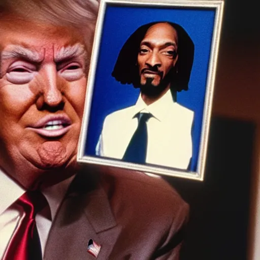 Prompt: Donald Trump holding a picture of Snoop Dogg for a 1990s sitcom tv show, Studio Photograph, portrait C 12.0