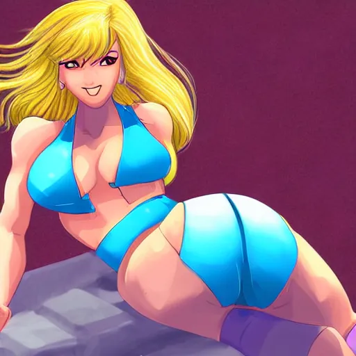 Image similar to Samus Aran from Metroid in a light-blue bikini sunbathing on the beach, digital art