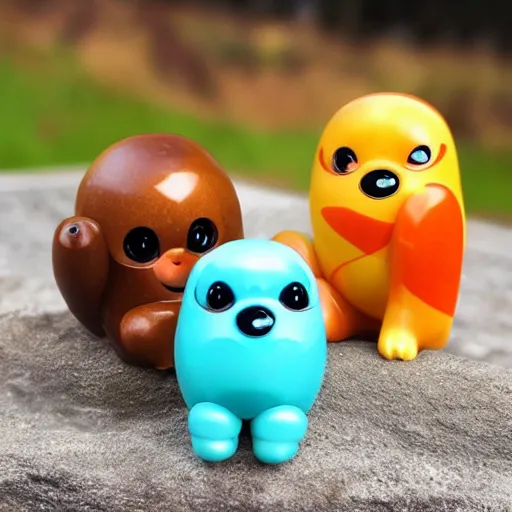 Image similar to some cute plastic toys that look like animal characters, sunset colors