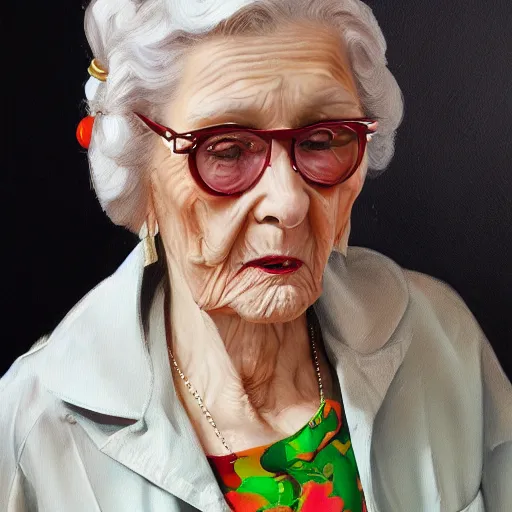 Image similar to old lady fashion, gucci catwalk, oil painting, digital art, ultradetailed, artstation