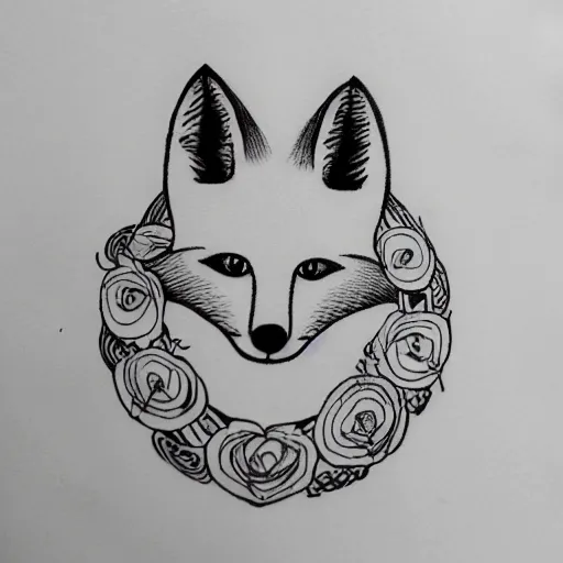 Prompt: a cute fox in the style of the Voynich manuscript outline tattoo design, black ink on white paper