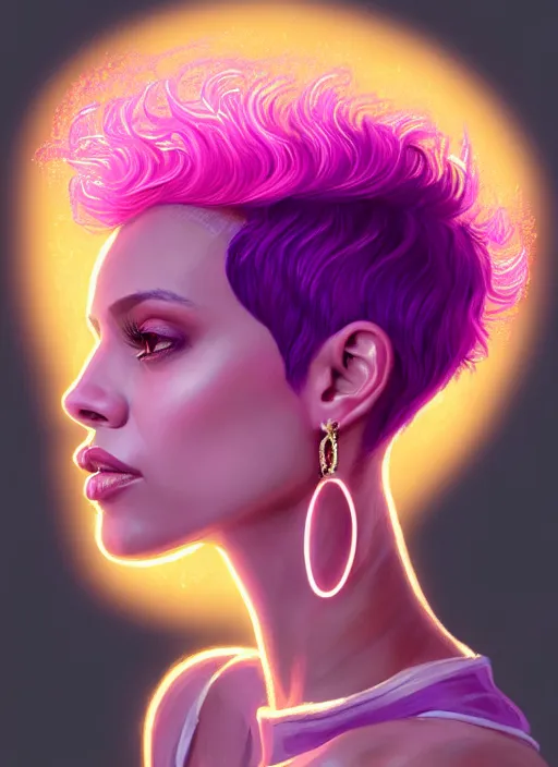 Image similar to portrait of vanessa morgan with bright pink hair, curly pixie cut hair, wearing a purple breton cap, breton cap, hoop earrings, intricate, elegant, glowing lights, highly detailed, digital painting, artstation, concept art, smooth, sharp focus, illustration, art by wlop, mars ravelo and greg rutkowski