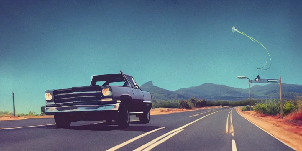 Image similar to el Camino driving down a highway in the style of beeple and Larry chin