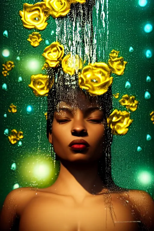 Image similar to hyperrealistic postrococo cinematic very expressive! black oshun goddess, in water up to her shoulders, mirror dripping droplets!, gold flowers, highly detailed face, digital art masterpiece, smooth eric zener cam de leon dramatic pearlescent volumetric teal light, high angle uhd 8 k, sharp focus