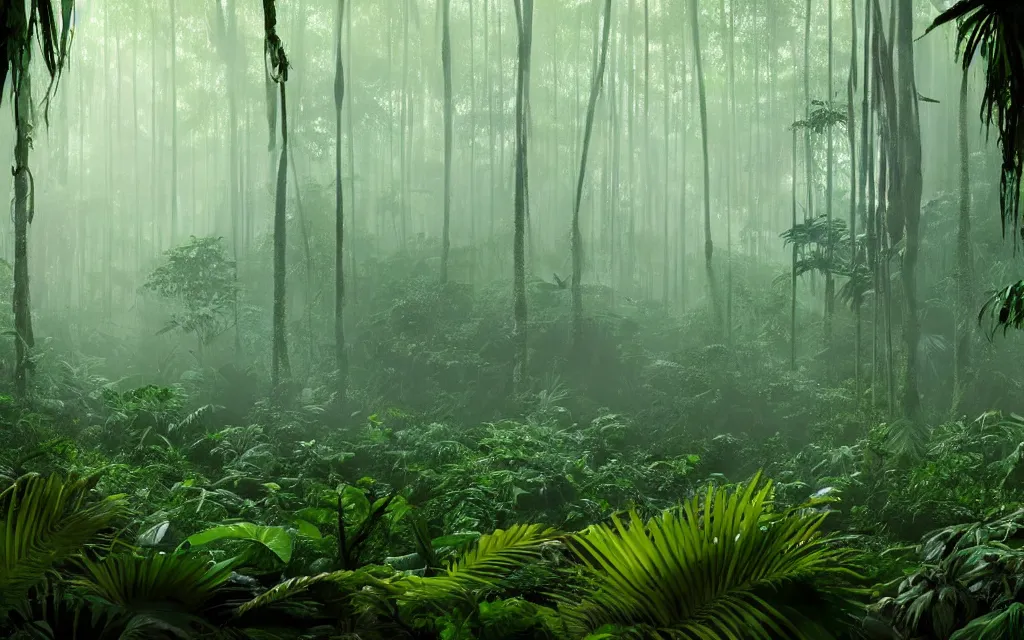 Image similar to a jungle floor with layers of dense foliage all around, misty background, vivid colors, intricate, elegant, smooth, sharp focus, golden hour lighting, film still from the movie directed by denis villeneuve with art direction by wayne barlowe and salvador dali, wide lens, f 3 2, 4 k