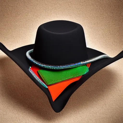 Image similar to [high tech cowboy hat in futuristic colours and fabrics, object design, couture]