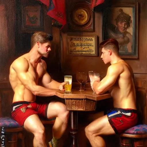 Image similar to attractive muscular male with brunet hair and attractive muscular male with blond hair. pants and shorts, drinking their hearts out, in a pub. very defined and detailed painting by gaston bussiere, j. c. leyendecker, craig mullins 8 k