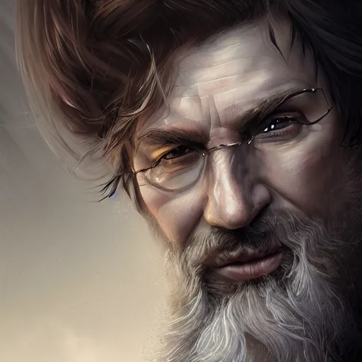 Image similar to a detailed matte head - on portrait painting of a sly older sorcerer, with a small beard, salt and pepper hair, portrait by charlie bowater, lise deharme, wlop, tending on arstation, dungeons and dragon, dnd, pathfinder, fanart, oil on canvas