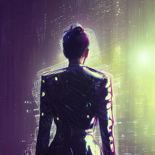 Image similar to skill magic deepdream guard girl cyberpunk futuristic, reflective puffer jacket, black leggings from the back radiating a glowing aura by ismail inceoglu dragan bibin hans thoma, perfect face, fine details, realistic shaded, fine - face, pretty face