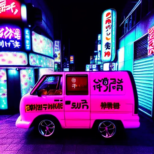 Image similar to The Mystery Machine, shibuya prefecture, night mist neon lights, cinematic color, photorealistic, highly detailed wheels, highly detailed