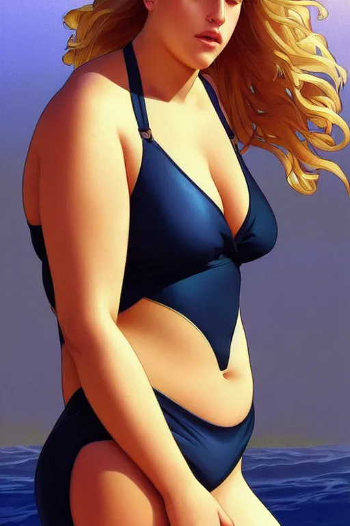 Image similar to obese lili reinhart in swimsuit, realistic, symmetrical, highly detailed, digital painting, artstation, concept art, smooth, sharp focus, illustration, cinematic lighting, art by artgerm and greg rutkowski and alphonse mucha