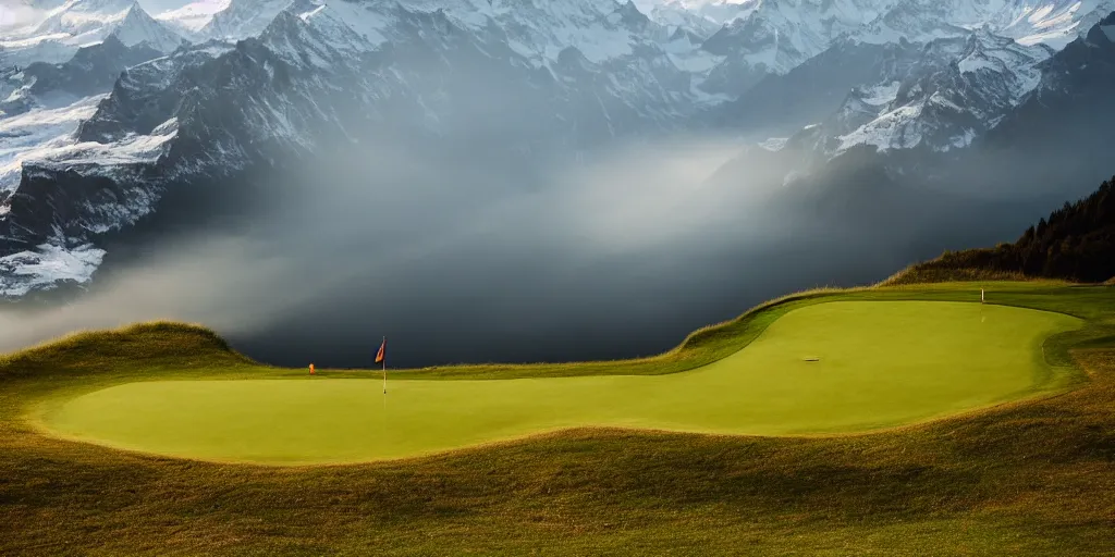 Image similar to a great photograph of the most amazing golf hole in the world, perfect light, over a cliff, in the swiss alps, high above treeline, ambient light, 5 0 mm, golf digest, top 1 0 0, fog