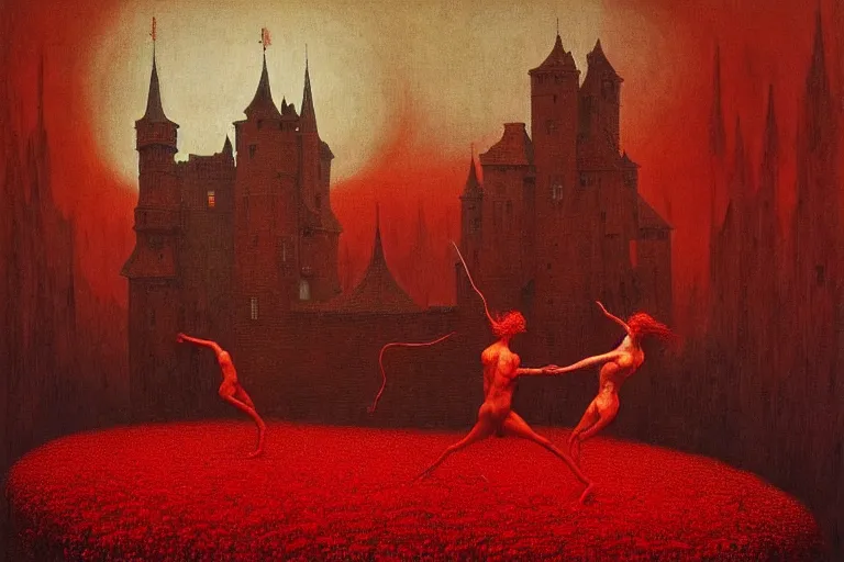 Image similar to only with red, red flowers of different types, a red tiger, a castle in the background, medieval demons dance over the flowers, an ancient path, in the style of beksinski, part by hopper, part by rodcenko, part by hofbauer, intricate composition, red by caravaggio, insanely quality, highly detailed, masterpiece, red light, artstation