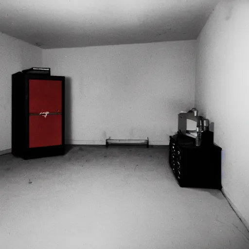 Image similar to Photograph of an old black room with a TV playing an emergency warning, dust in the air, brown wood cabinets, SCP, taken using a film camera with 35mm expired film, bright camera flash enabled, award winning photograph, sleep paralysis demon in corner, creepy, liminal space, in the style of the movie Pulse