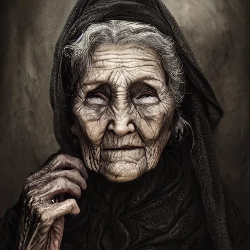 Image similar to portrait, old wrinkled witch. dark clothes. high detail, great lighting, 8k resolution, masterpiece, concept art, illustration