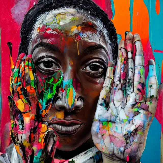 Image similar to “ a portrait in a female art student on a street in nairobi, fear, afraid, bustling, art supplies, anxiety, medical supplies, pills and medicine, ikebana, herbs, a candle dripping white wax, squashed berries, berry juice drips, acrylic and spray paint and oilstick on canvas, surrealism, neoexpressionism ”