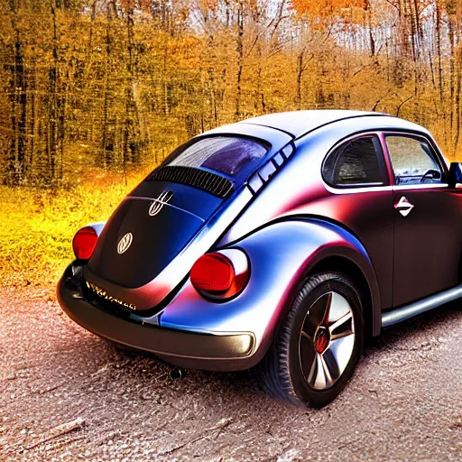 Image similar to promotional scifi - blockbuster movie scene of an insect - ladybug'glossy volkswagen beetle'hybrid. the hybrid is 2 / 3 ladybug. it is flying down a dusty backroad along a gentle creek in smokey mountains tennessee. cinematic, muted dramtic color, 4 k, imax, 7 0 mm, hdr