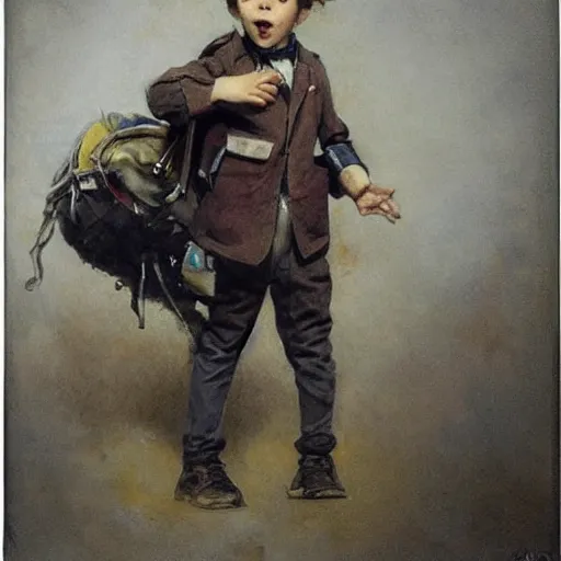 Image similar to (((((portrait of boy dressed as retro sciencepunk explorer in an actionpose . muted colors.))))) by Jean-Baptiste Monge !!!!!!!!!!!!!!!!!!!!!!!!!!!