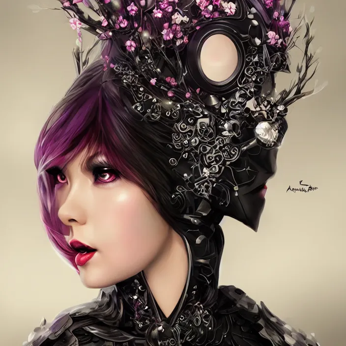 Image similar to a photograpic portrait of a anthropomorphic bjork cherry - blossom wearing futuristic black cyber outfit, fantasy, intricate, elegant, highly detailed, digital painting, artstation, concept art, smooth, sharp focus, illustration, art by artgerm