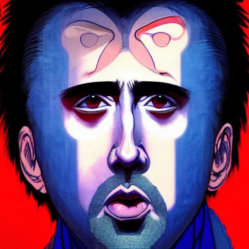 Image similar to prompt : blue nicolas cage illustration portrait soft light painted by james jean and katsuhiro otomo and erik jones, inspired by evangeleon anime, smooth face feature, intricate oil painting, high detail illustration, sharp high detail, manga and anime 1 9 9 9