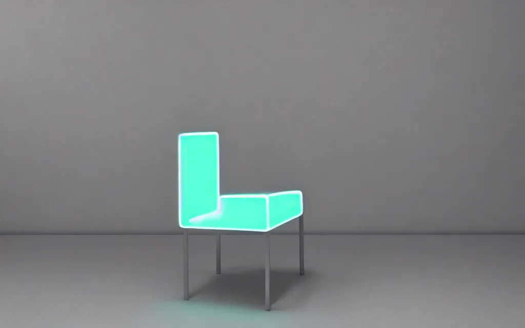 Image similar to a chair in a white room with neon light, photo realistic