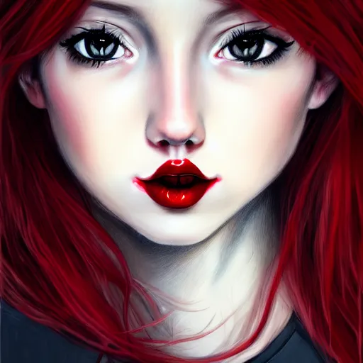 Image similar to a realistic illustration portrait of a beautiful cute girl with curly black and red hair, a pointy nose and, round chin black eyeliner, trending on artstation, hyper - realistic lighting, intricate