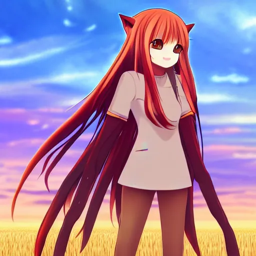 Image similar to Holo from Spice and Wolf standing in a wheat field at sunset, Holo is a wolf girl, high detail, anime key visual, beautiful, 8k resolution, trending on pixiv