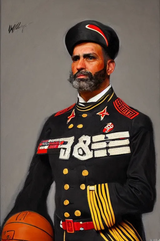 Image similar to full body portrait of the dictator of the san antonio spurs, 1 8 8 9, in full military garb, oil on canvas by william sidney mount, trending on artstation