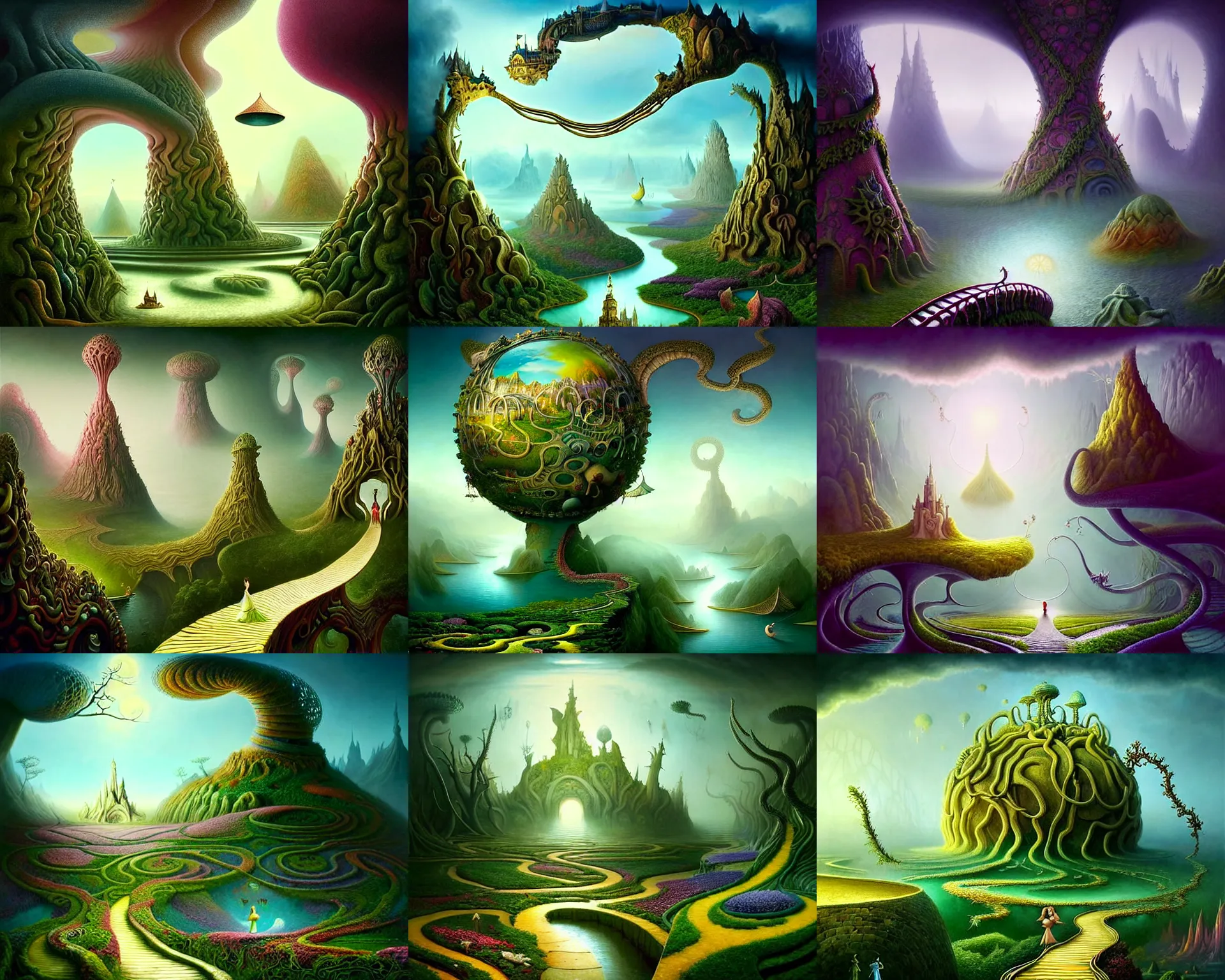 Prompt: a beguiling epic stunning beautiful and insanely detailed matte painting of the impossible winding path through fairy dream worlds with surreal architecture designed by Heironymous Bosch, mega structures inspired by Heironymous Bosch's Garden of Earthly Delights, vast surreal landscape and horizon by Cyril Rolando and Natalie Shau, masterpiece!!!, grand!, imaginative!!!, whimsical!!, epic scale, intricate details, sense of awe, elite, wonder, insanely complex, masterful composition!!!, sharp focus, fantasy realism, dramatic lighting