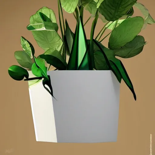 Image similar to pot plant levitating white geometric pot beautiful fororealistic art featured on artstation