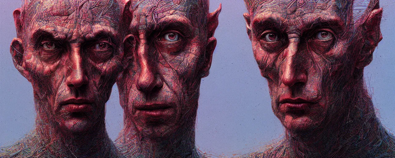 Image similar to portrait of a man in the style of android jones and zdzislaw beksinski