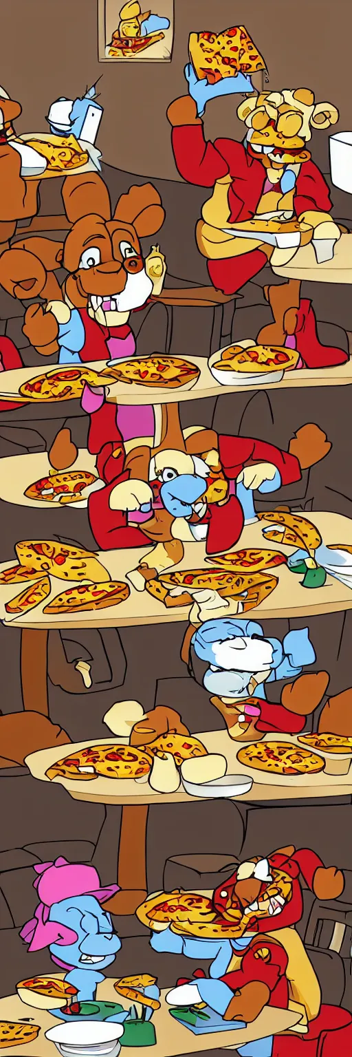 Prompt: freddy fazbear eats pizza at the same table with rock johnson, realistic photo