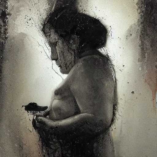 Image similar to portrait of the face of big old sumoringer as despair from sandman, venus of willendorf, by jeremy mann, by gregory crewdson, by bastien lecouffe deharme, by russ mills, sad face, topknot, black hair, mourning, black eyes, white room, soft lightning, high detailed, 8 k