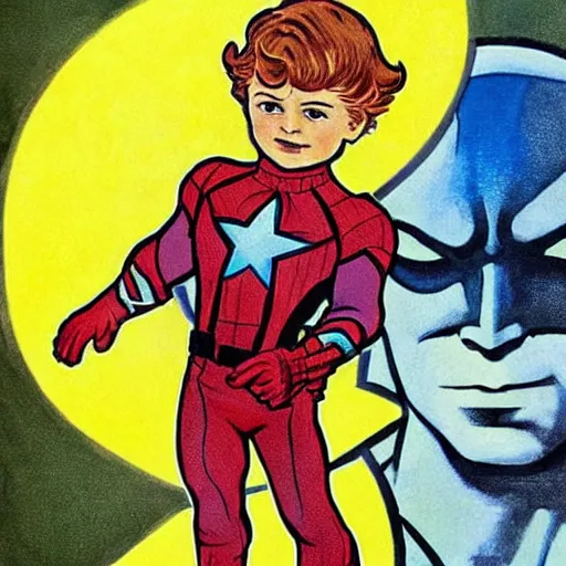Prompt: a little boy with a mischievous face and short ginger hair. he is dressed as captain america, spider - man, batman, captain marvel, a superhero. well composed, clean elegant painting, beautiful detailed face. painting by steve ditko and jack kirby and alphonse mucha