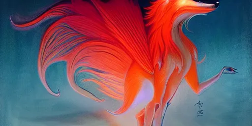 Image similar to prompt A beautiful red orange kumiho, nine fox tails, detailed, 8k, trending on artstation, Peter Mohrbacher