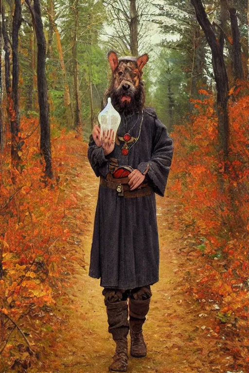 Prompt: slavic dog head man, woolen torso in medieval clothes, painting by whimmy art, walking in the forest, orthodox saint christopher, oil painting, painting by viktor vasnetsov, concept art, hyperrealism, beautiful, high resolution, trending on artstation,