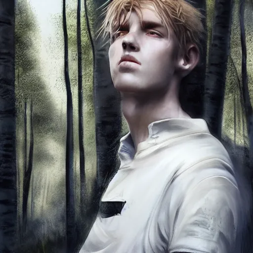 Prompt: a tall figure standing in the aspen forest, !dream portrait of a feminine boy with curly shoulder length dirty blond hair, wearing a white t shirt and black work apron, dramatic lighting, illustration by Greg rutkowski, yoji shinkawa, 4k, digital art, concept art, trending on artstation