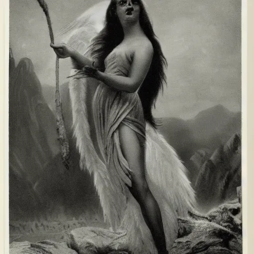 Prompt: a vintage photograph of a mythological harpy on a overcast day
