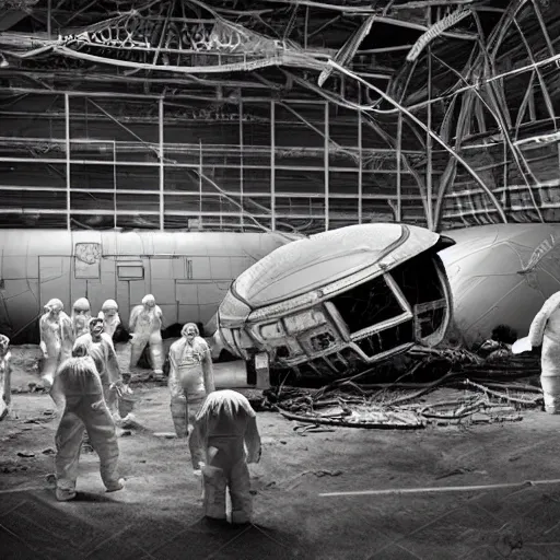 Image similar to dismantled, crashed, ufo spaceship in hanger with people in hazmat suits standing around, grainy, vintage photo, sepia, old photo, realistic, detailed,