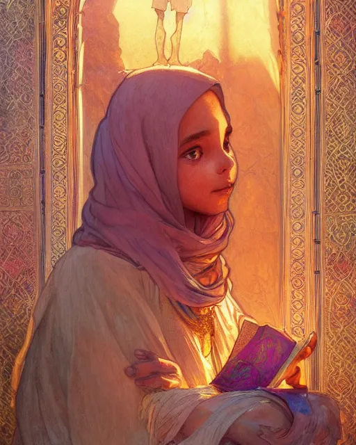 Image similar to a bedouin child infront of an big open quran highly detailed, gold filigree, romantic storybook fantasy, soft cinematic lighting, award, disney concept art watercolor illustration by mandy jurgens and alphonse mucha and alena aenami, pastel color palette, featured on artstation