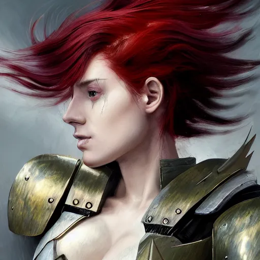 Image similar to a professional painting of a beautiful young female with hair dyed half red and half white, partially clothed in battle armor, olive skin, long dark hair, beautiful bone structure, upper body, symmetrical facial features, intricate, elegant, digital painting, concept art, smooth, sharp focus, illustration, from Metal Gear, by Ruan Jia and Mandy Jurgens and Greg Rutkowski and Artgerm and William-Adolphe Bouguerea and artgerm